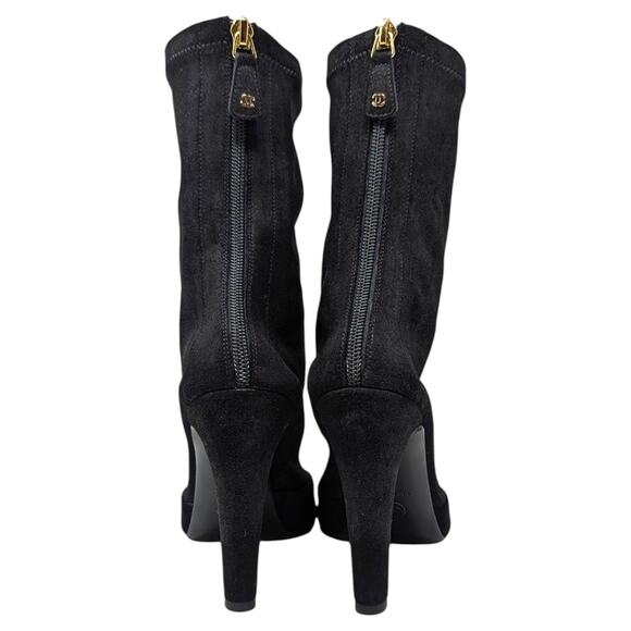 Chanel Stretch Suede High Heel Ankle Booties Black Interlocking CC Logo Gold 39 - Picture 4 of 10
